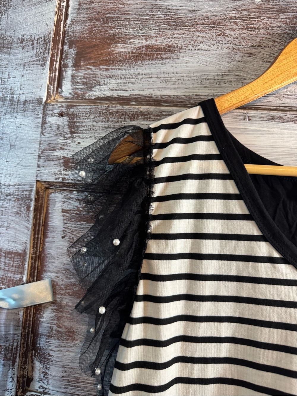 BiBi Black & White Striped Sleeveless Top with Pearl-Trim Tulle Ruffles - Picture 3 of 5